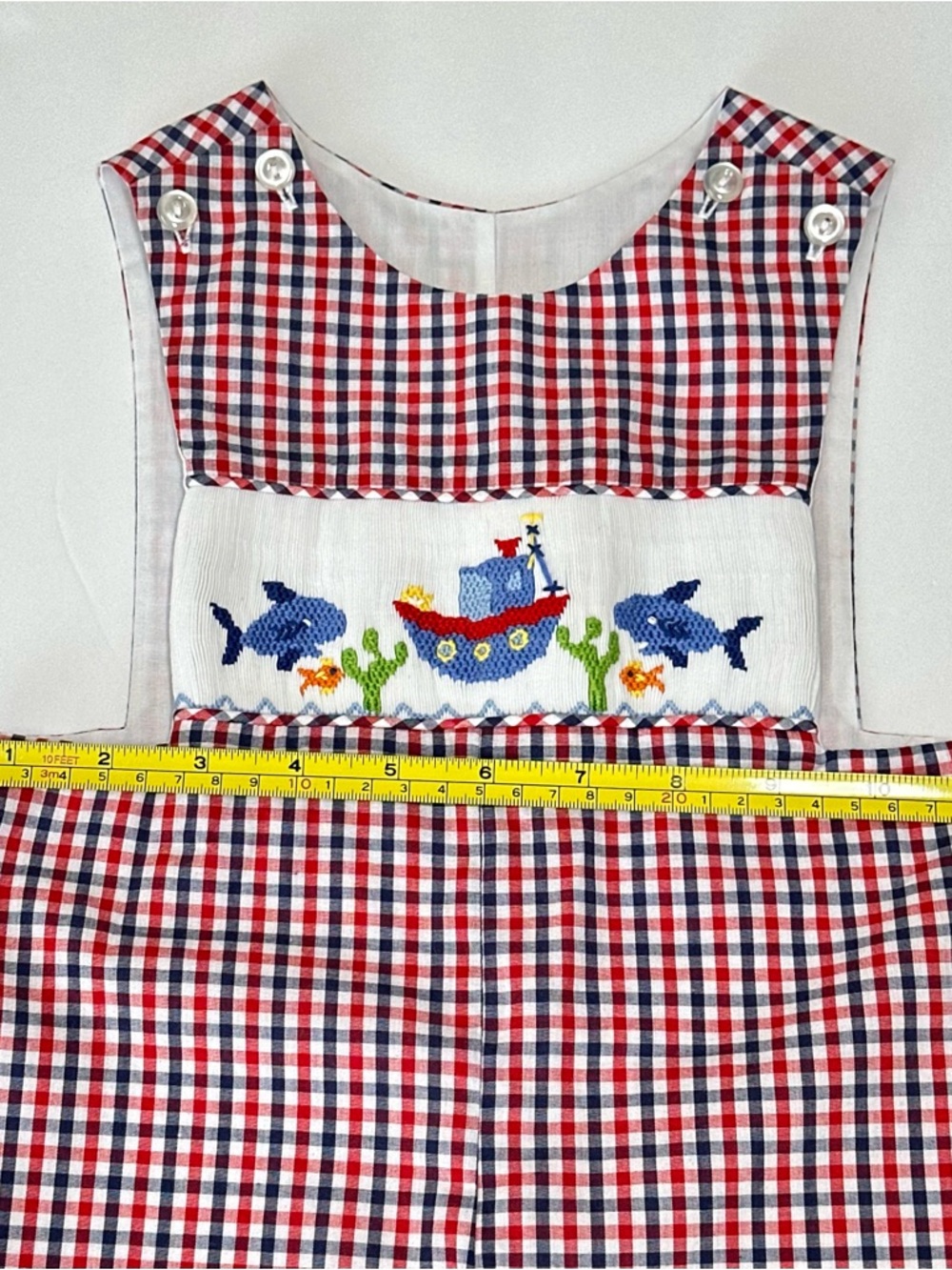 Three Sisters Boys 9M Smocked Red White & Blue Check Shortall Romper Boat Fish - Picture 11 of 11